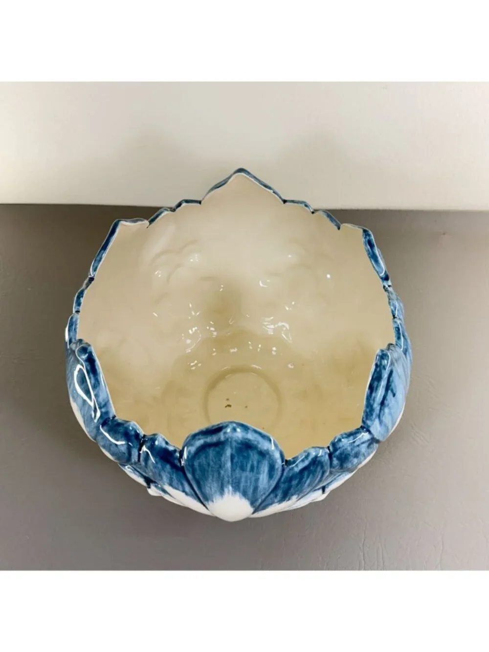 Italian Style Blue White Majolica Petal Cachepot Large Floral Centerpiece Bowl